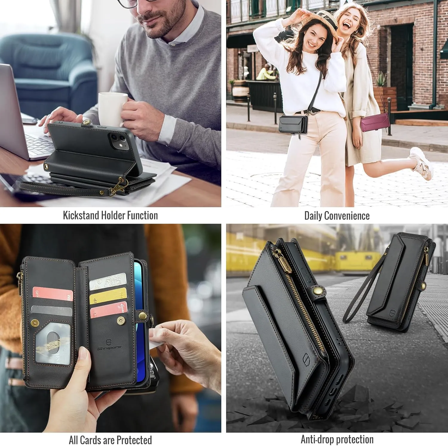 Crossbody for iPhone 12/12 Pro Wallet Case【RFID Blocking】with 7-Card Holder Zipper Bills Slot, Soft PU Leather Magnetic Flip Wristlet Shoulder Strap for iPhone 12 Case Wallet for Women, Black