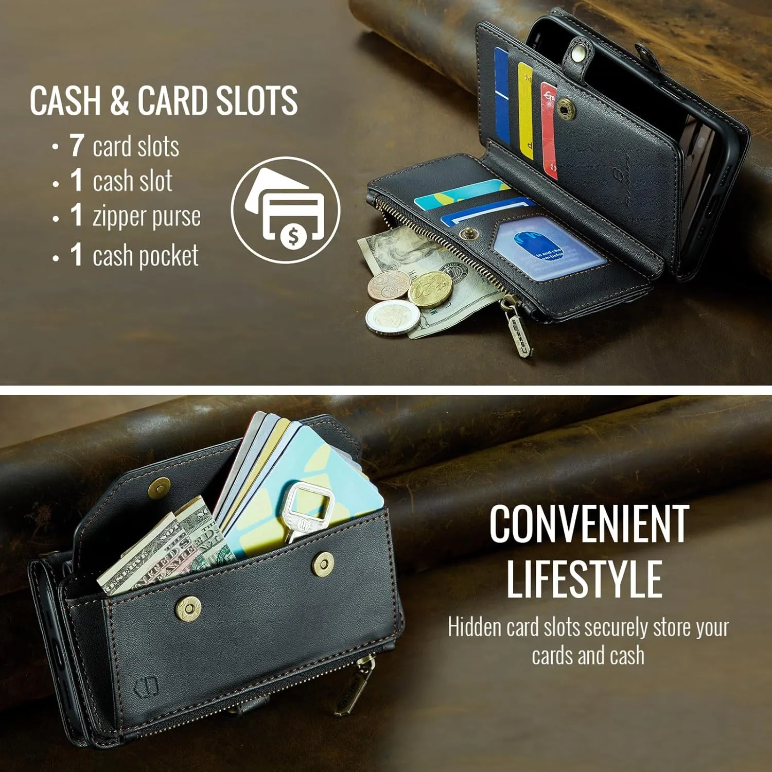 Crossbody for iPhone 12/12 Pro Wallet Case【RFID Blocking】with 7-Card Holder Zipper Bills Slot, Soft PU Leather Magnetic Flip Wristlet Shoulder Strap for iPhone 12 Case Wallet for Women, Black