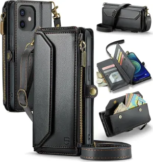 Crossbody for iPhone 12/12 Pro Wallet Case【RFID Blocking】with 7-Card Holder Zipper Bills Slot, Soft PU Leather Magnetic Flip Wristlet Shoulder Strap for iPhone 12 Case Wallet for Women, Black
