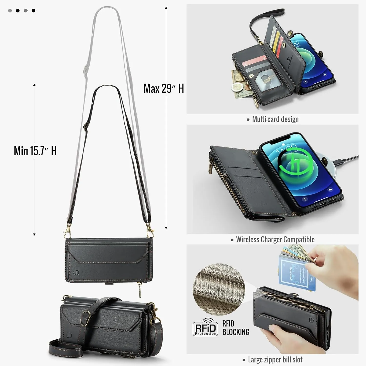 Crossbody for iPhone 12/12 Pro Wallet Case【RFID Blocking】with 7-Card Holder Zipper Bills Slot, Soft PU Leather Magnetic Flip Wristlet Shoulder Strap for iPhone 12 Case Wallet for Women, Black