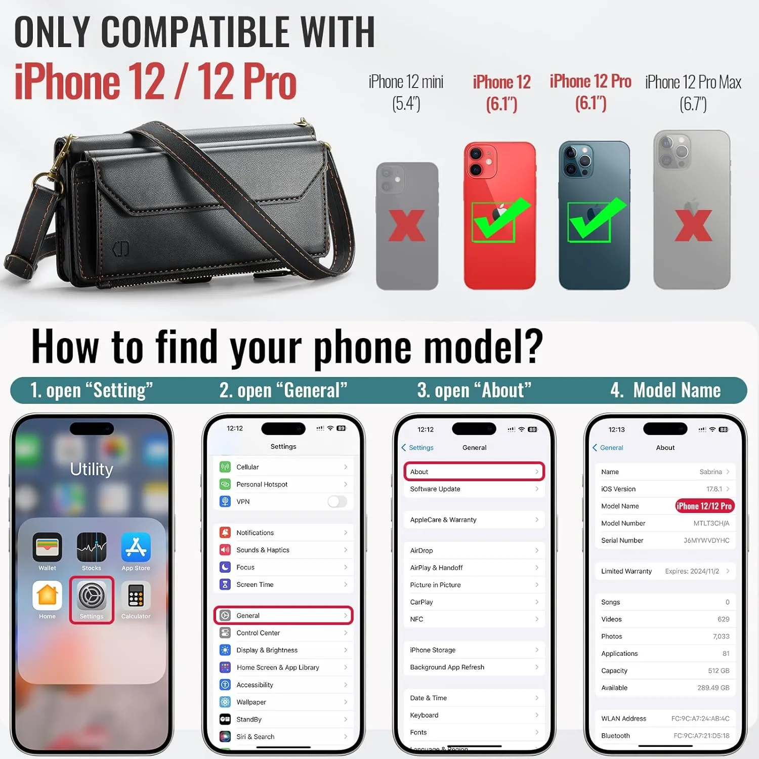 Crossbody for iPhone 12/12 Pro Wallet Case【RFID Blocking】with 7-Card Holder Zipper Bills Slot, Soft PU Leather Magnetic Flip Wristlet Shoulder Strap for iPhone 12 Case Wallet for Women, Black