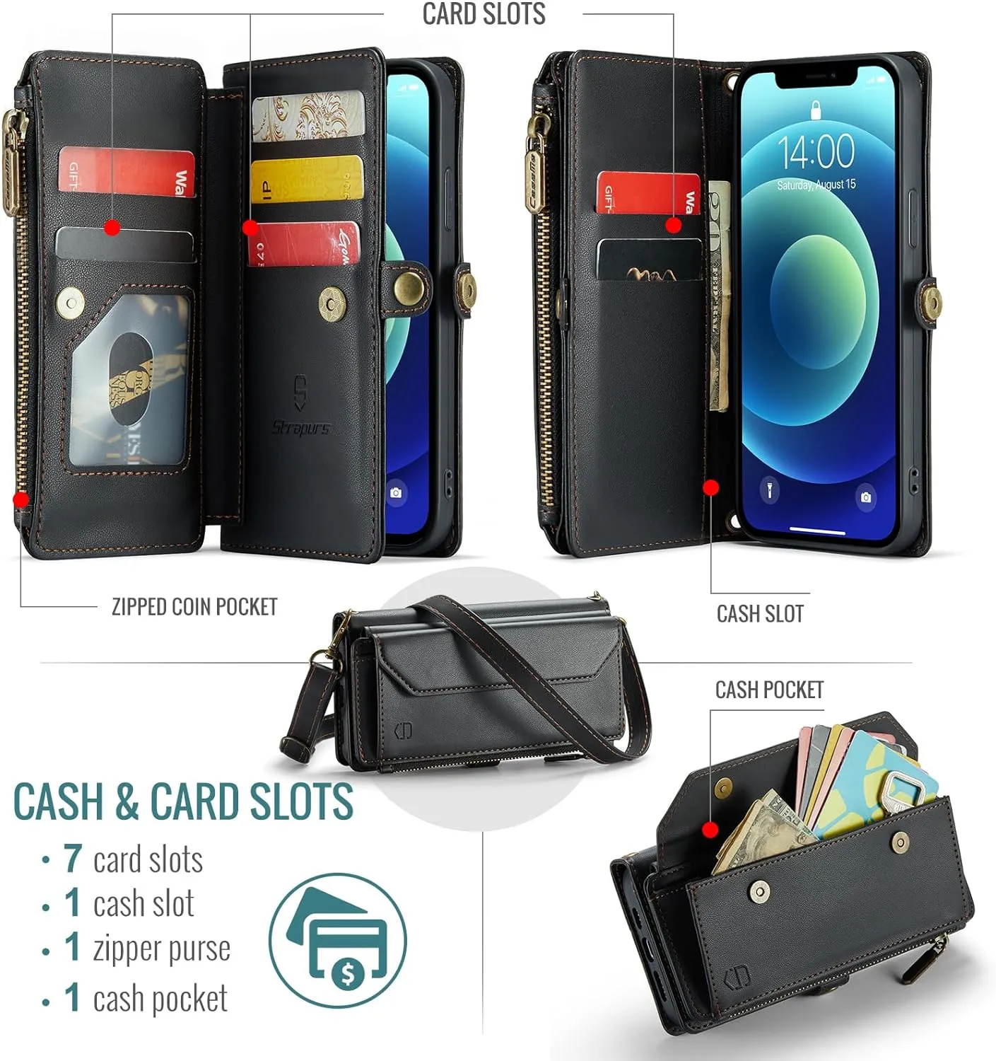 Crossbody for iPhone 12/12 Pro Wallet Case【RFID Blocking】with 7-Card Holder Zipper Bills Slot, Soft PU Leather Magnetic Flip Wristlet Shoulder Strap for iPhone 12 Case Wallet for Women, Black