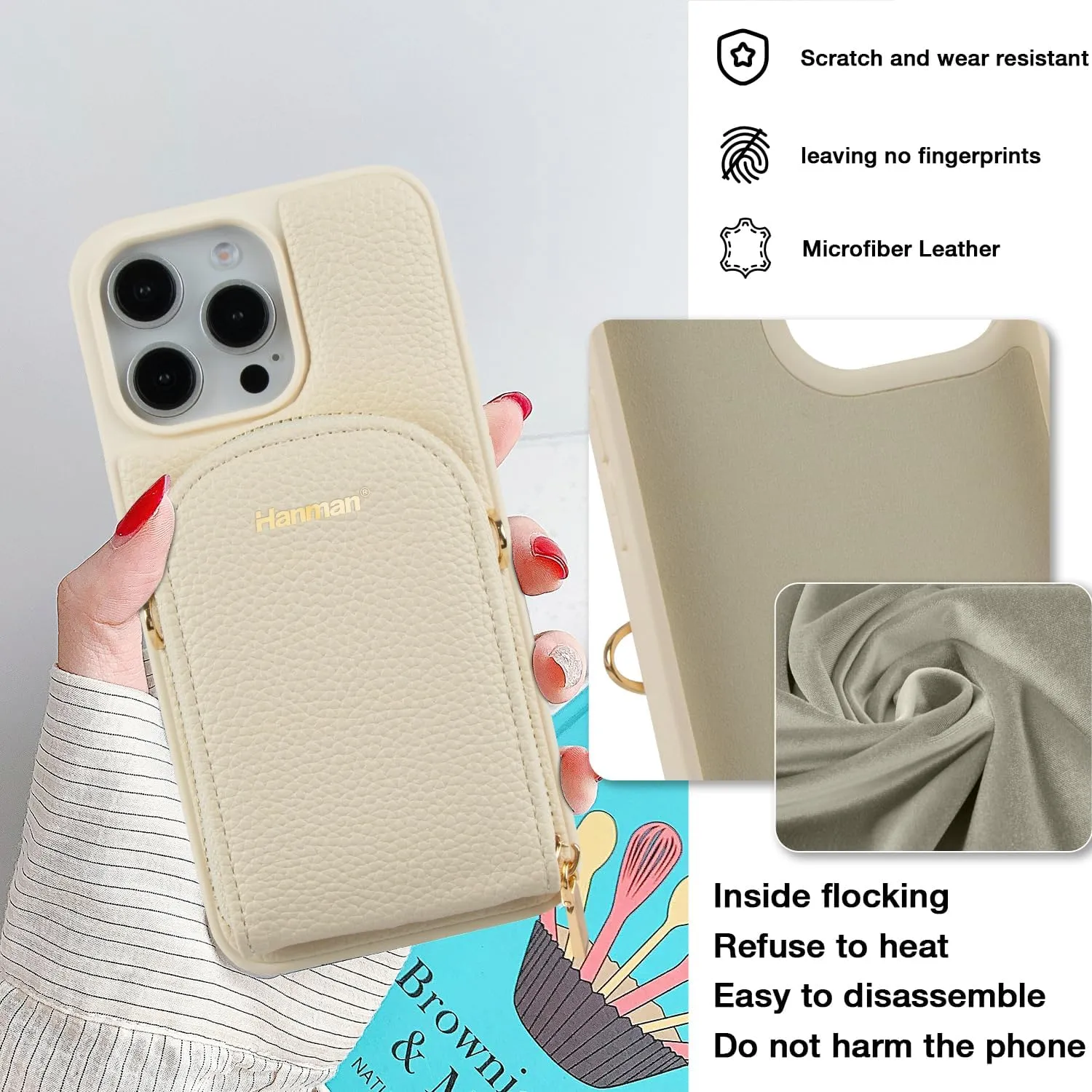 Crossbody Wallet Case for iPhone 15 Pro Max,RFID Blocking PU Leather Zipper Handbag Purse Cover Suitable for iPhone 15 Pro Max,Leather Wallet Case for Woman & Girls-Beige