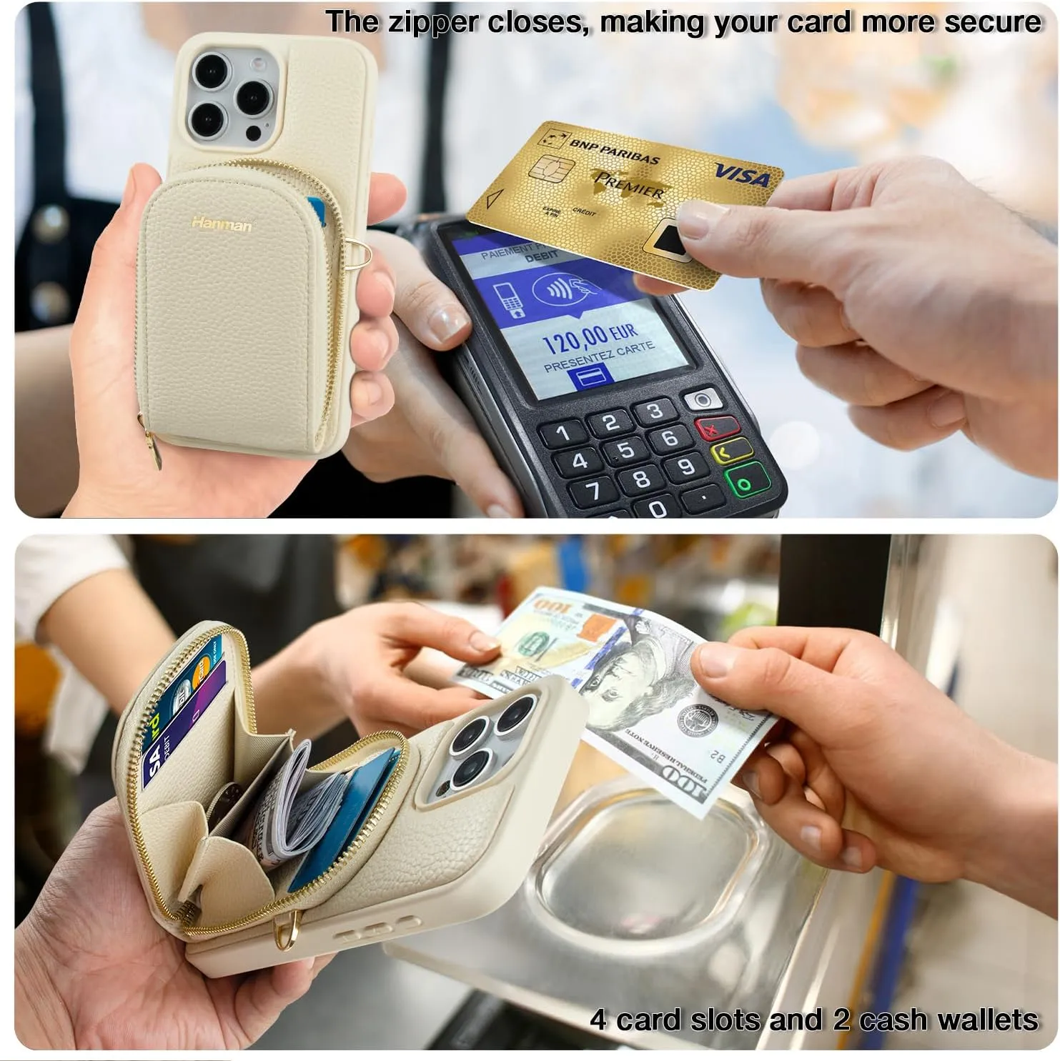 Crossbody Wallet Case for iPhone 15 Pro Max,RFID Blocking PU Leather Zipper Handbag Purse Cover Suitable for iPhone 15 Pro Max,Leather Wallet Case for Woman & Girls-Beige