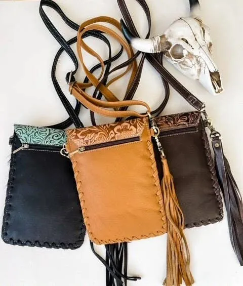 Crossbody Western Tooled Leather Phone Mobile Purse Boho Ranch Shop (Black)