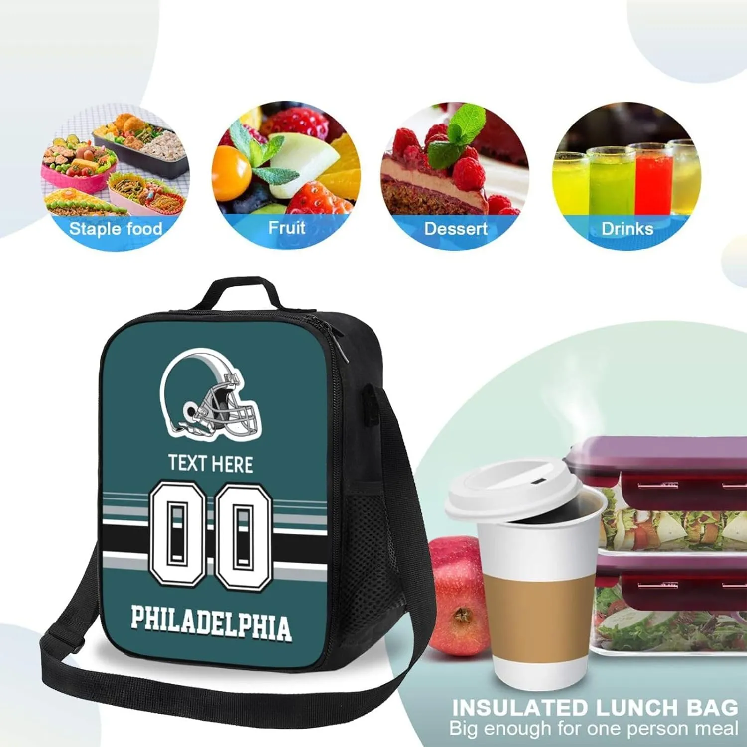 Custom Philadelphia Lunch Bag Gifts For Men Women Fans, Personalized Name And Number Lunch Box Adjustable Shoulder Straps Insulated Lunch Bags For Work Picnic Travel