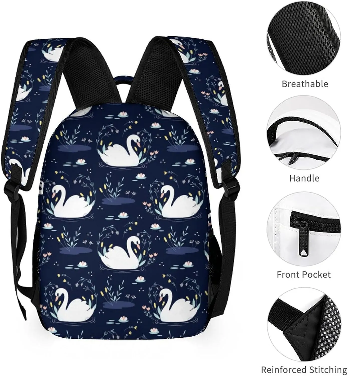 Custom Swan Backpack for Kids Girls Boys School, 16 Inches Cute Swans Theme Bookbag, Adjustable, Lightweight, Large Capacity, Colorful Daily Casual Backpacks