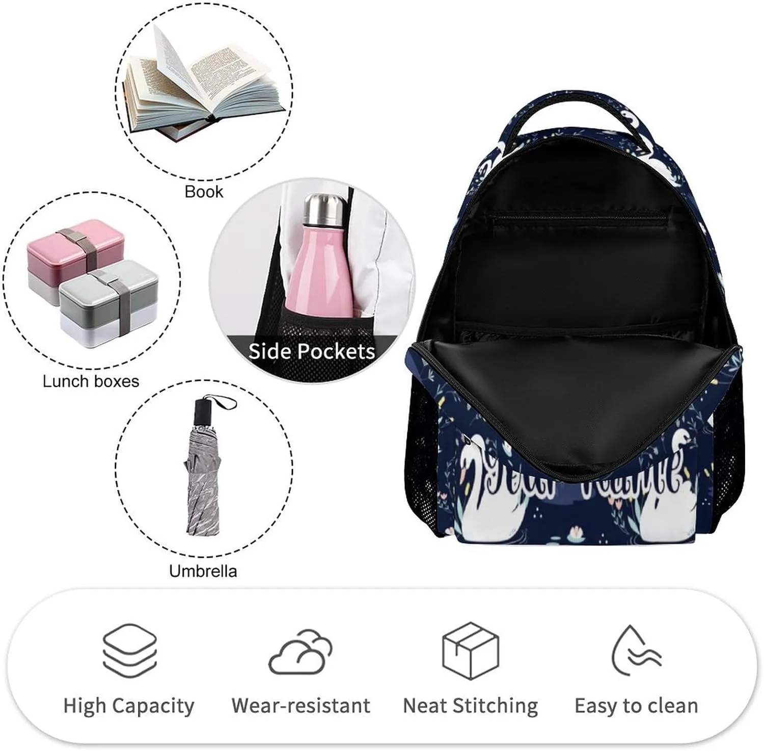 Custom Swan Backpack for Kids Girls Boys School, 16 Inches Cute Swans Theme Bookbag, Adjustable, Lightweight, Large Capacity, Colorful Daily Casual Backpacks