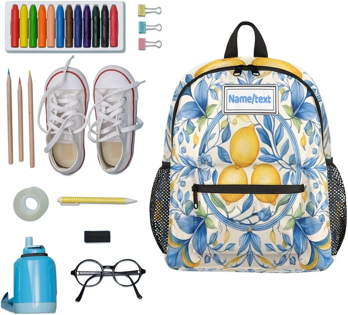 Custom Toddler Backpack for Boy Girl Personalized Kids Backpack with Name, Vintage Lemons Blue Leaves Preschool Bag with Chest Strap, Nursery Rucksack for Kindergarten Children Kids Gift