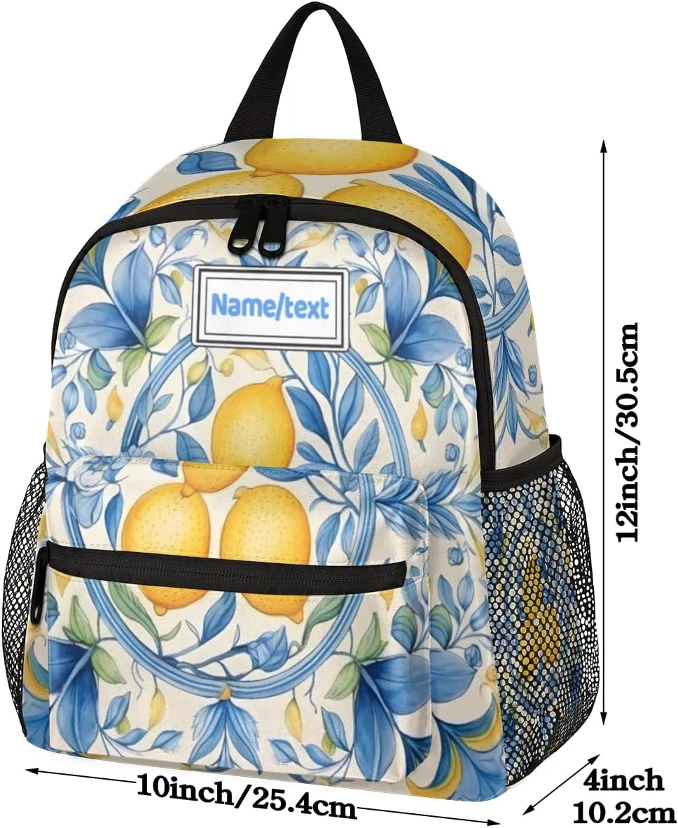 Custom Toddler Backpack for Boy Girl Personalized Kids Backpack with Name, Vintage Lemons Blue Leaves Preschool Bag with Chest Strap, Nursery Rucksack for Kindergarten Children Kids Gift