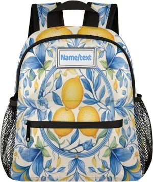 Custom Toddler Backpack for Boy Girl Personalized Kids Backpack with Name, Vintage Lemons Blue Leaves Preschool Bag with Chest Strap, Nursery Rucksack for Kindergarten Children Kids Gift