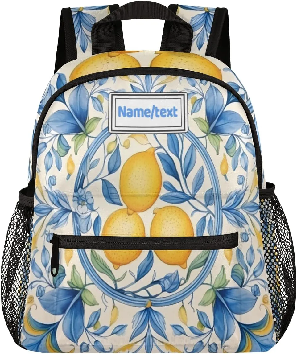 Custom Toddler Backpack for Boy Girl Personalized Kids Backpack with Name, Vintage Lemons Blue Leaves Preschool Bag with Chest Strap, Nursery Rucksack for Kindergarten Children Kids Gift