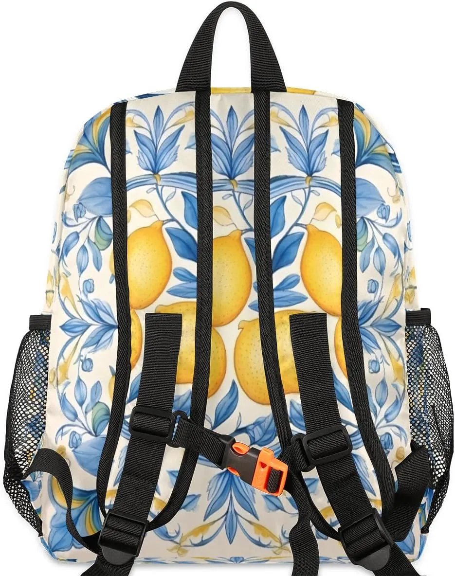 Custom Toddler Backpack for Boy Girl Personalized Kids Backpack with Name, Vintage Lemons Blue Leaves Preschool Bag with Chest Strap, Nursery Rucksack for Kindergarten Children Kids Gift