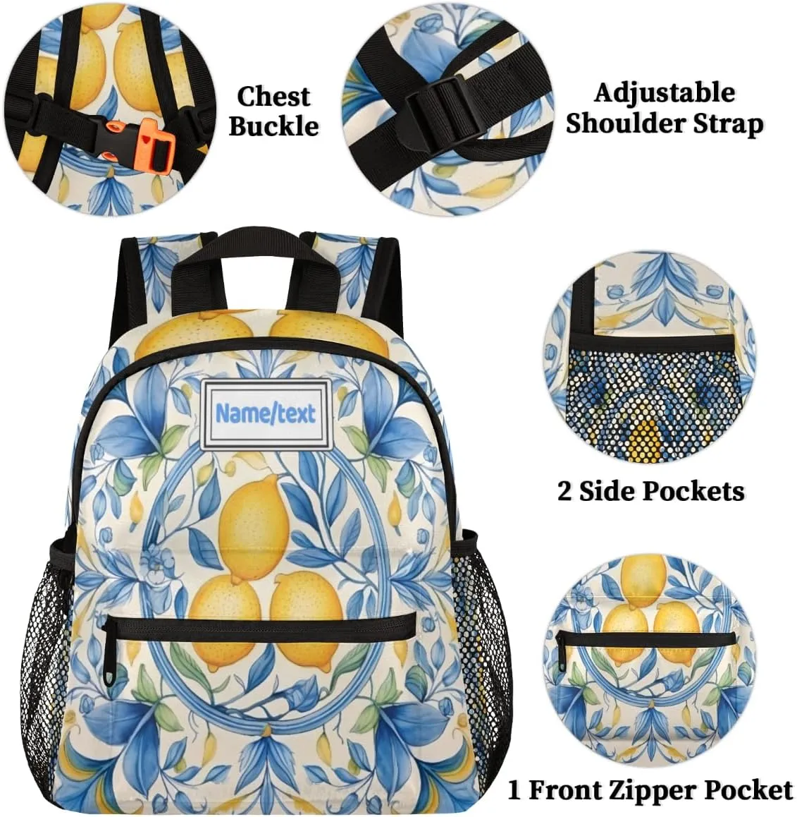 Custom Toddler Backpack for Boy Girl Personalized Kids Backpack with Name, Vintage Lemons Blue Leaves Preschool Bag with Chest Strap, Nursery Rucksack for Kindergarten Children Kids Gift