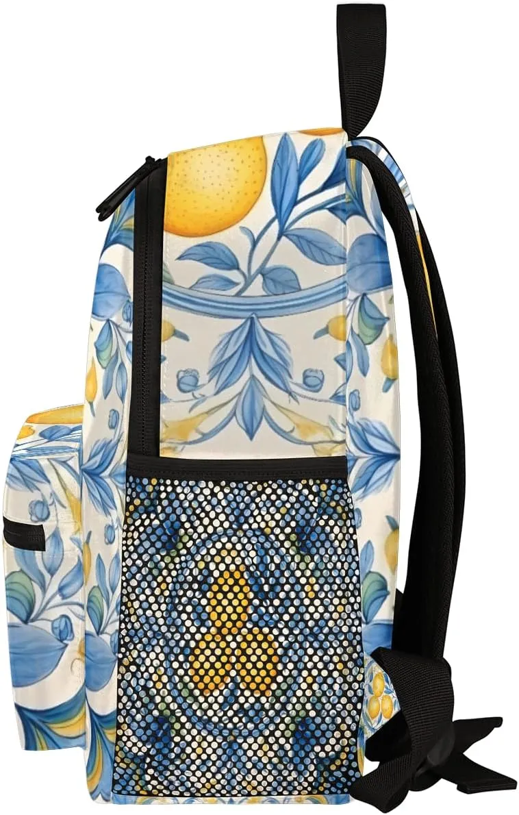 Custom Toddler Backpack for Boy Girl Personalized Kids Backpack with Name, Vintage Lemons Blue Leaves Preschool Bag with Chest Strap, Nursery Rucksack for Kindergarten Children Kids Gift