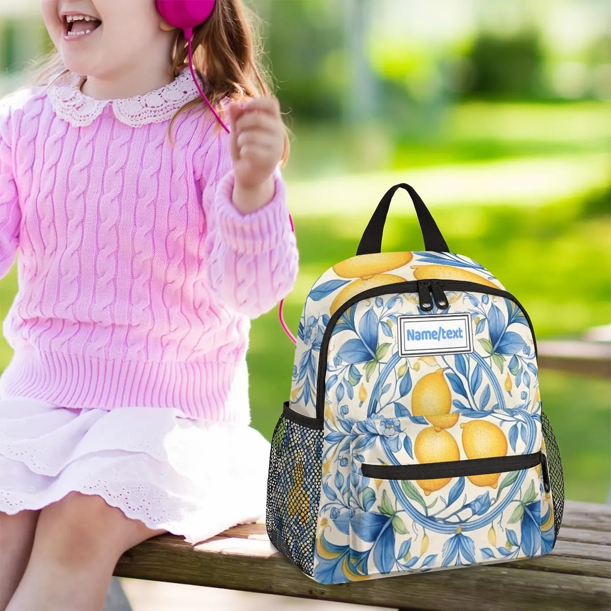 Custom Toddler Backpack for Boy Girl Personalized Kids Backpack with Name, Vintage Lemons Blue Leaves Preschool Bag with Chest Strap, Nursery Rucksack for Kindergarten Children Kids Gift