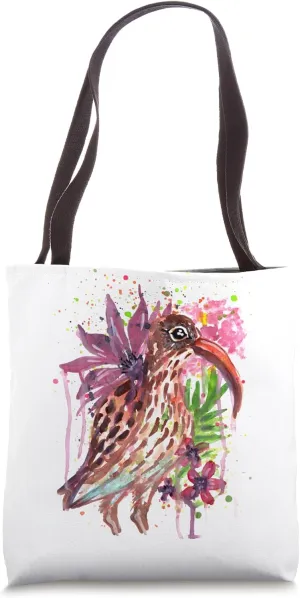 Cute Colorful Eurasian Curlew Bird and Flower Watercolor Tote Bag