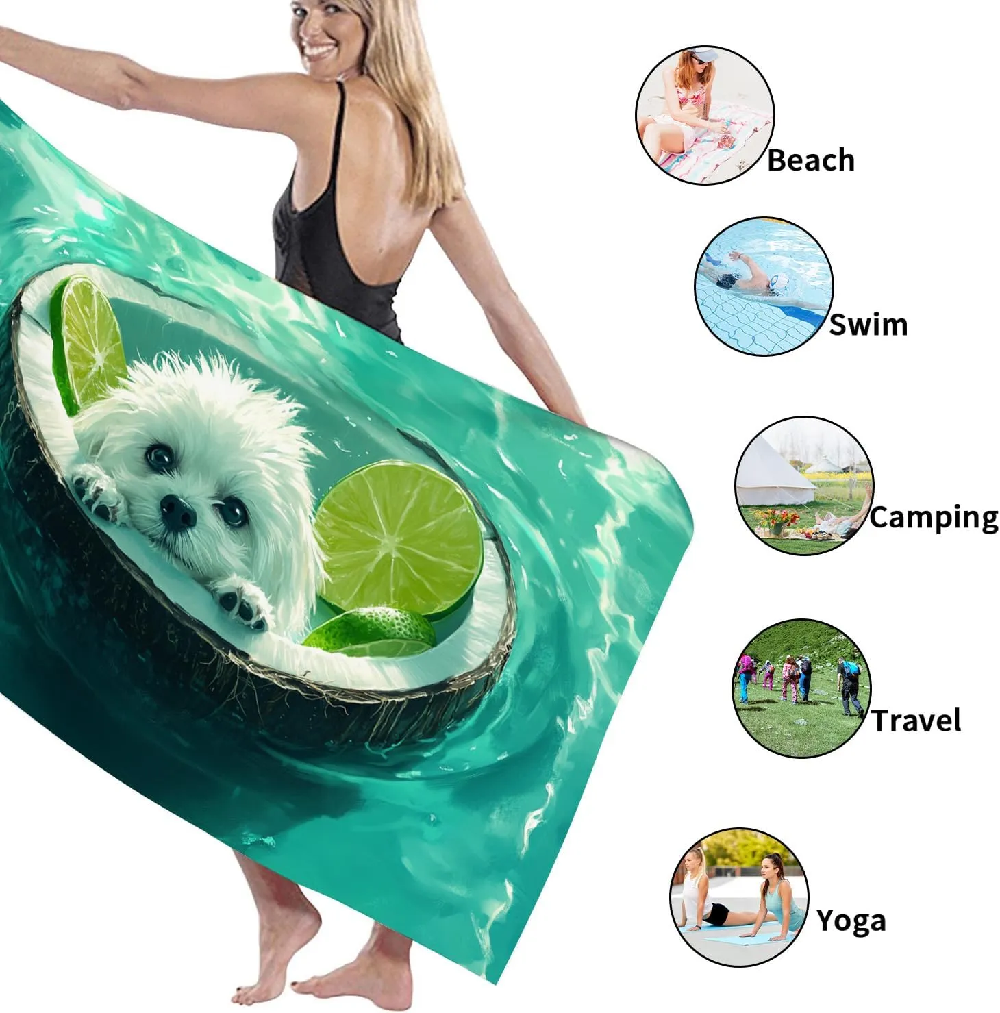 Cute Dog in Coconut Pool Beach Towel Aqua Tropical Animal Towel, Quick Dry Absorbent Soft Sand Free Lightweight Blanket, Beach Vacation Picnic Essentials 70x35 Inch