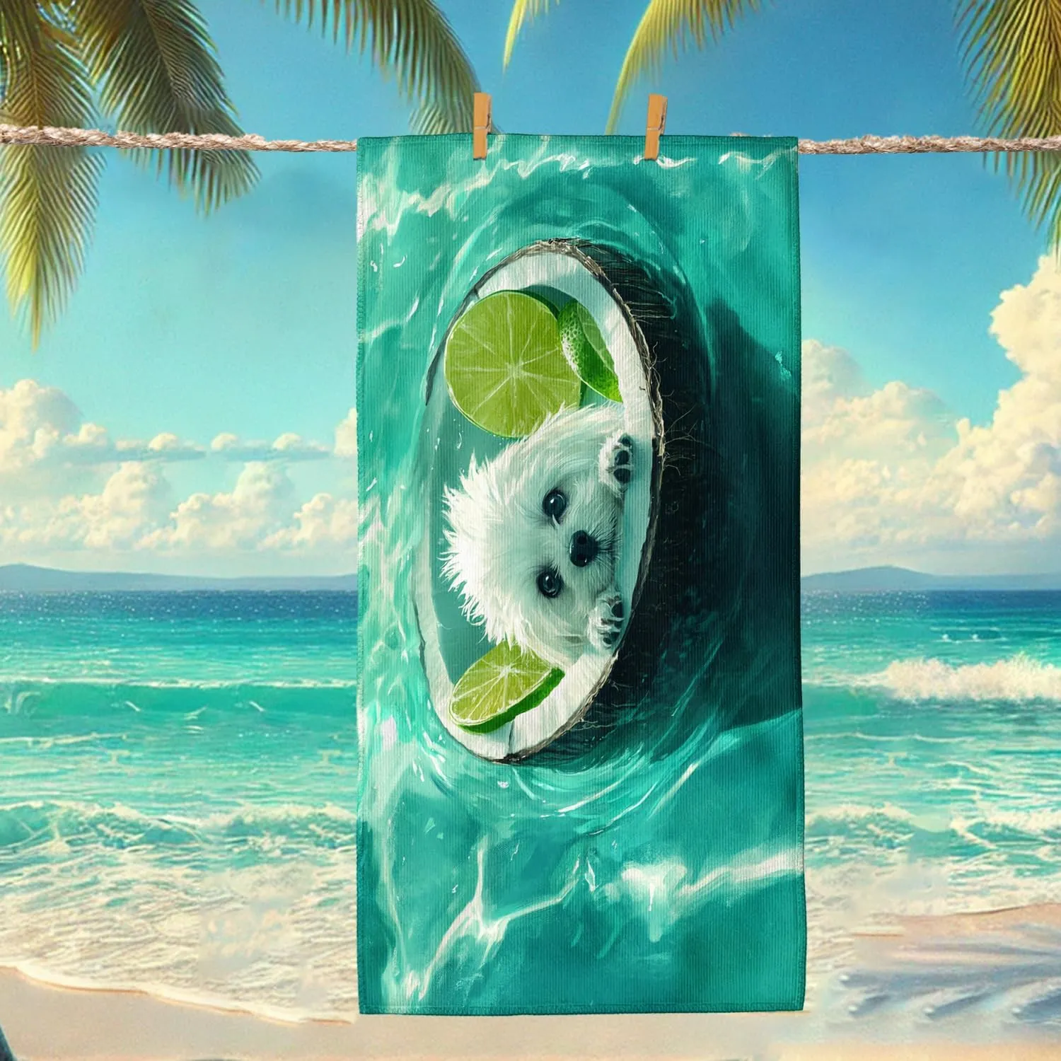 Cute Dog in Coconut Pool Beach Towel Aqua Tropical Animal Towel, Quick Dry Absorbent Soft Sand Free Lightweight Blanket, Beach Vacation Picnic Essentials 70x35 Inch