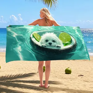 Cute Dog in Coconut Pool Beach Towel Aqua Tropical Animal Towel, Quick Dry Absorbent Soft Sand Free Lightweight Blanket, Beach Vacation Picnic Essentials 70x35 Inch