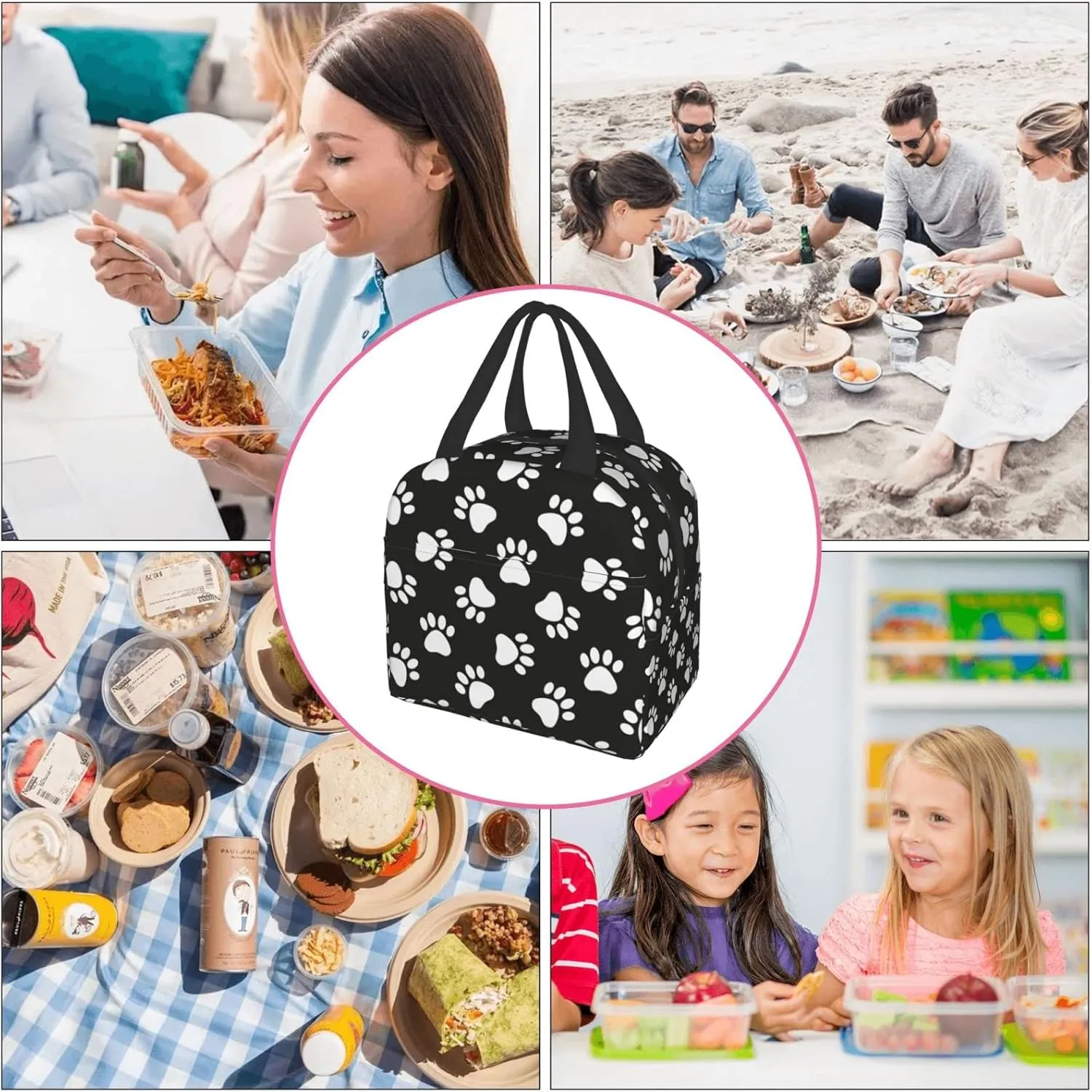 Cute Dog Paws Print Lunch Bag Compact Tote Bag Animal Footprints Reusable Lunch Box Container For Women Men School Office Work