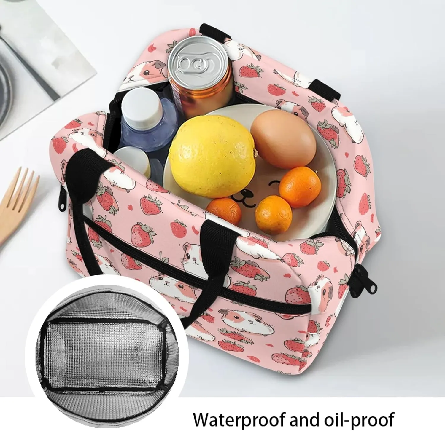 Cute Guinea Pig Lunch Bags for Kids Girls Insulated Coolers Lunch Box Reusable Lunch Tote Bag Snacks Containers for Women Work Picnic Outdoor with Long Strap