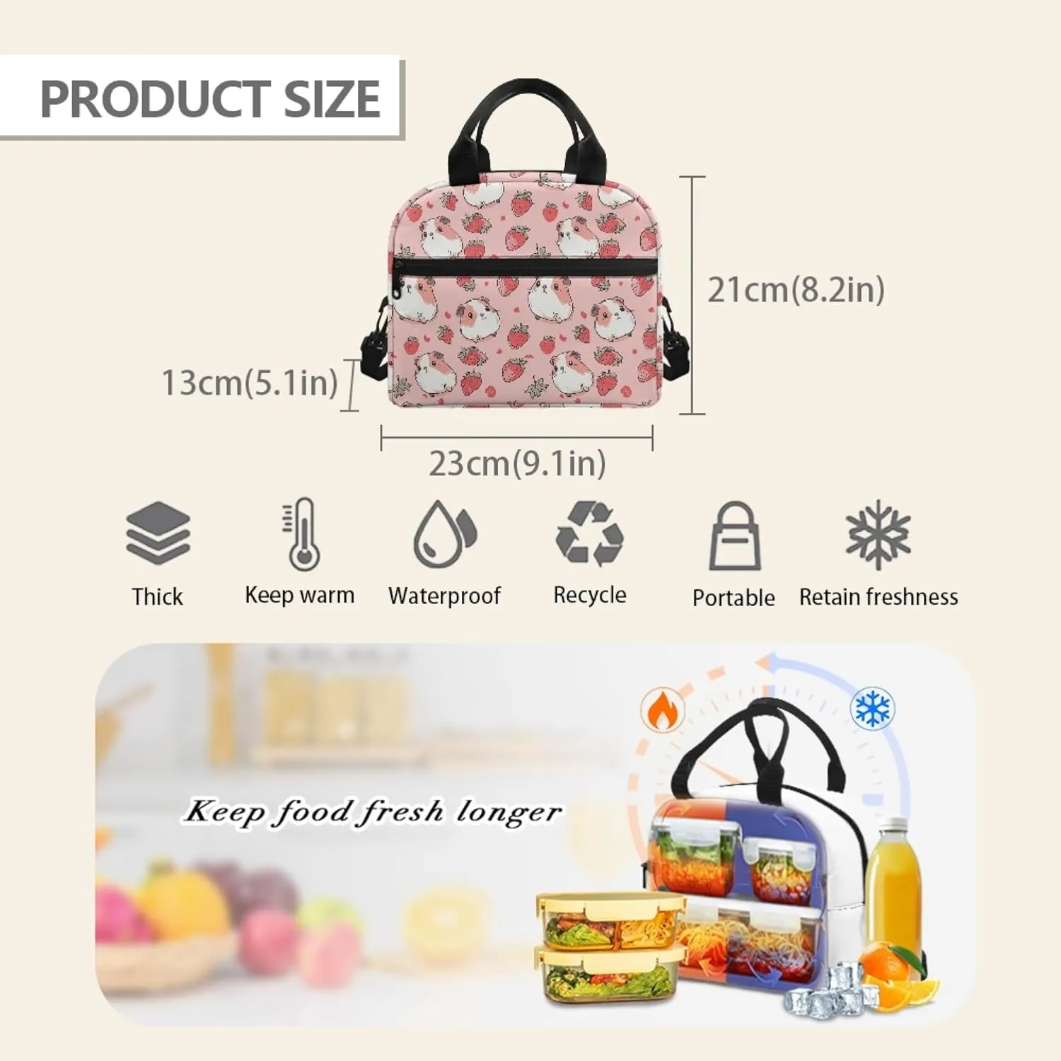 Cute Guinea Pig Lunch Bags for Kids Girls Insulated Coolers Lunch Box Reusable Lunch Tote Bag Snacks Containers for Women Work Picnic Outdoor with Long Strap