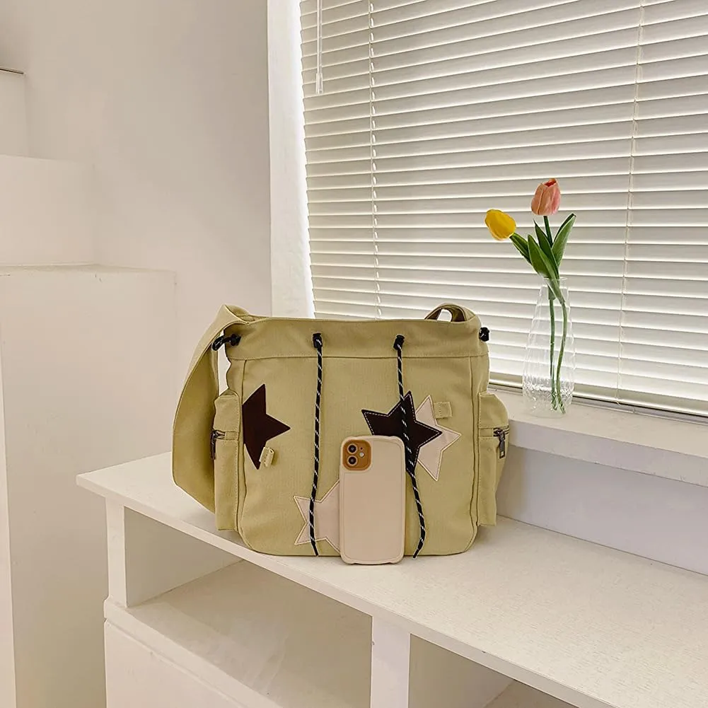 Cute Kawaii Messenger Bag Canvas Crossbody Bag Aesthetic Shoulder Bag for Women Men Flap Messenger Bag
