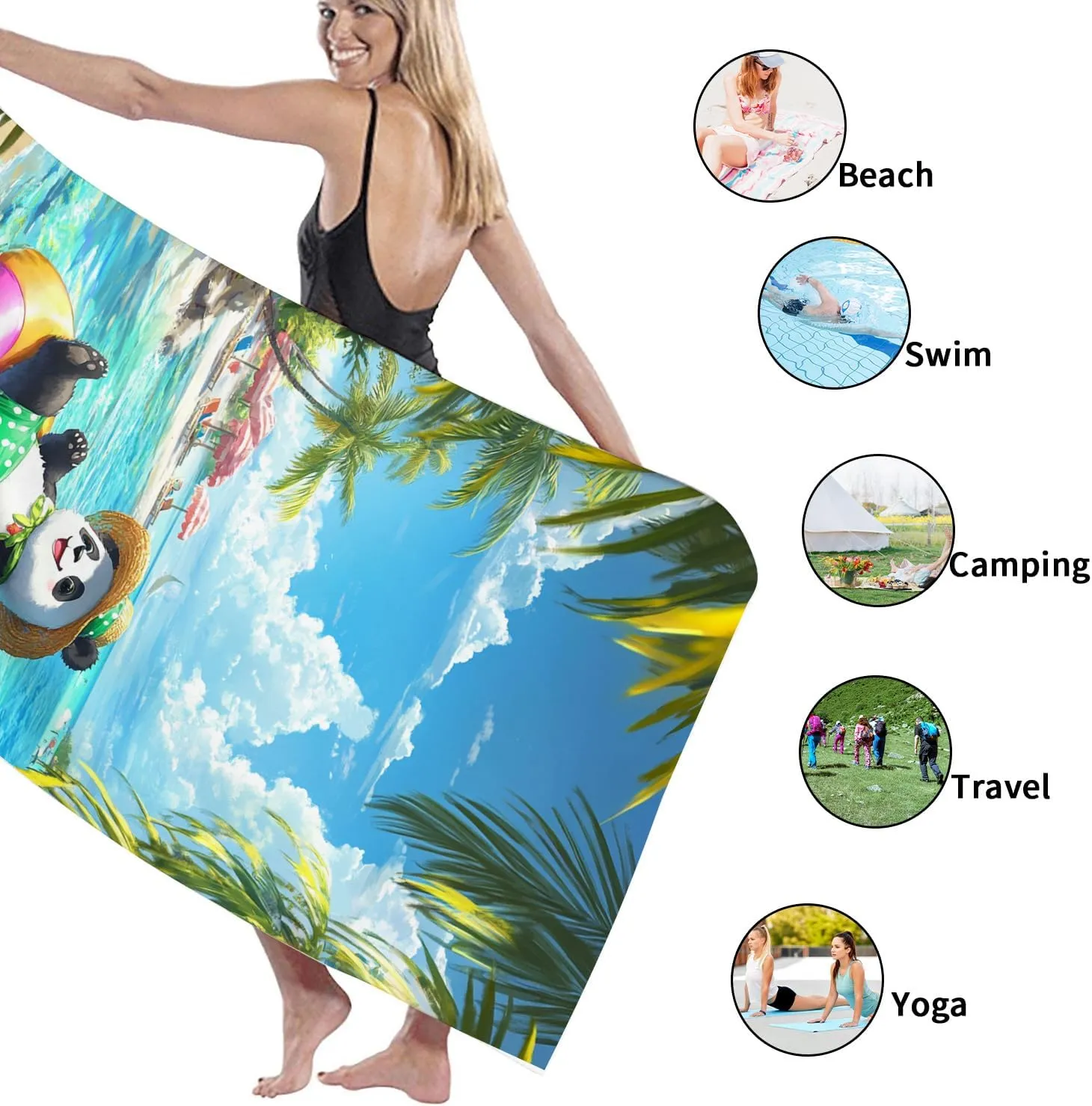 Cute Panda Microfiber Beach Towel Bright Tropical Print Soft Quick Dry Absorbent Sand Free Lightweight Bath Blanket, Summer Vacation Pool Picnic Essentials 62x31 Inch