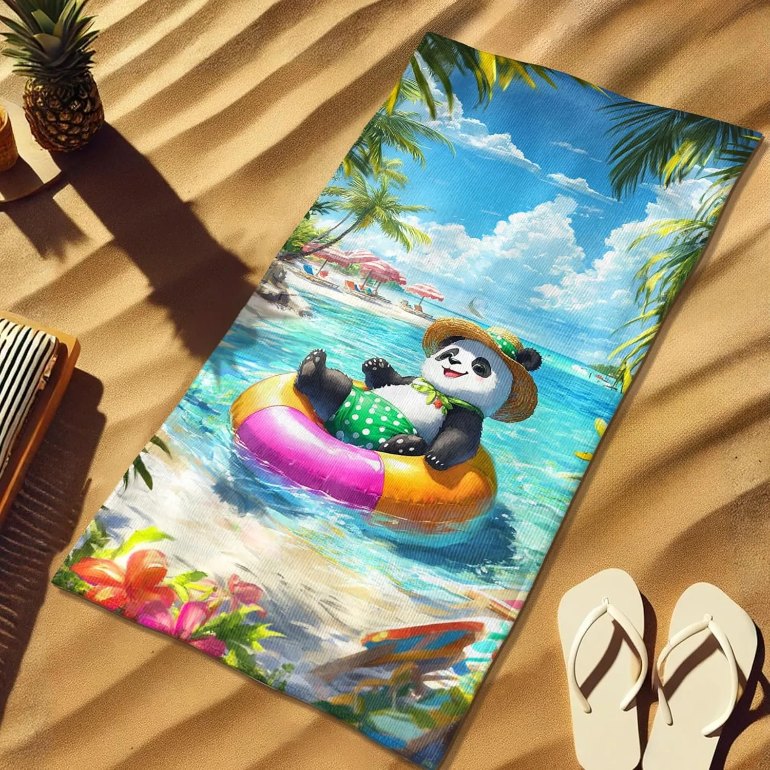 Cute Panda Microfiber Beach Towel Bright Tropical Print Soft Quick Dry Absorbent Sand Free Lightweight Bath Blanket, Summer Vacation Pool Picnic Essentials 62x31 Inch
