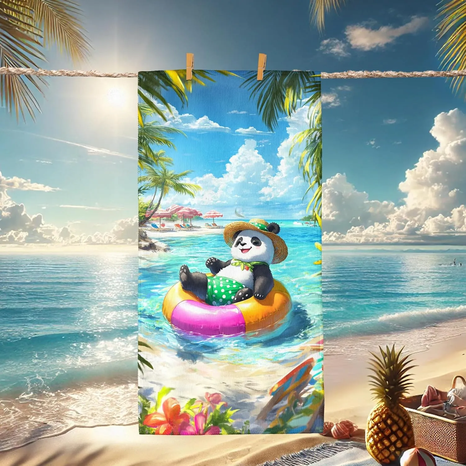 Cute Panda Microfiber Beach Towel Bright Tropical Print Soft Quick Dry Absorbent Sand Free Lightweight Bath Blanket, Summer Vacation Pool Picnic Essentials 62x31 Inch
