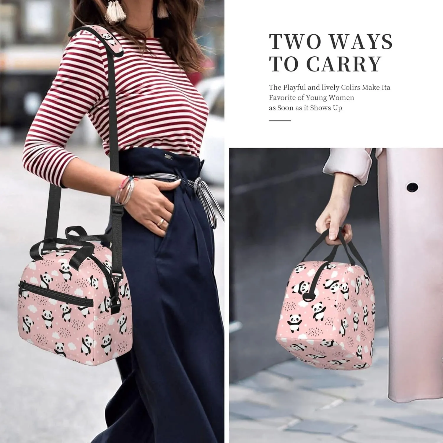Cute Pandas Lunch Bag Reusable Insulated Lunch Tote Bag Lunchbox Container With Adjustable Shoulder Strap For Office Work Picnic Travel