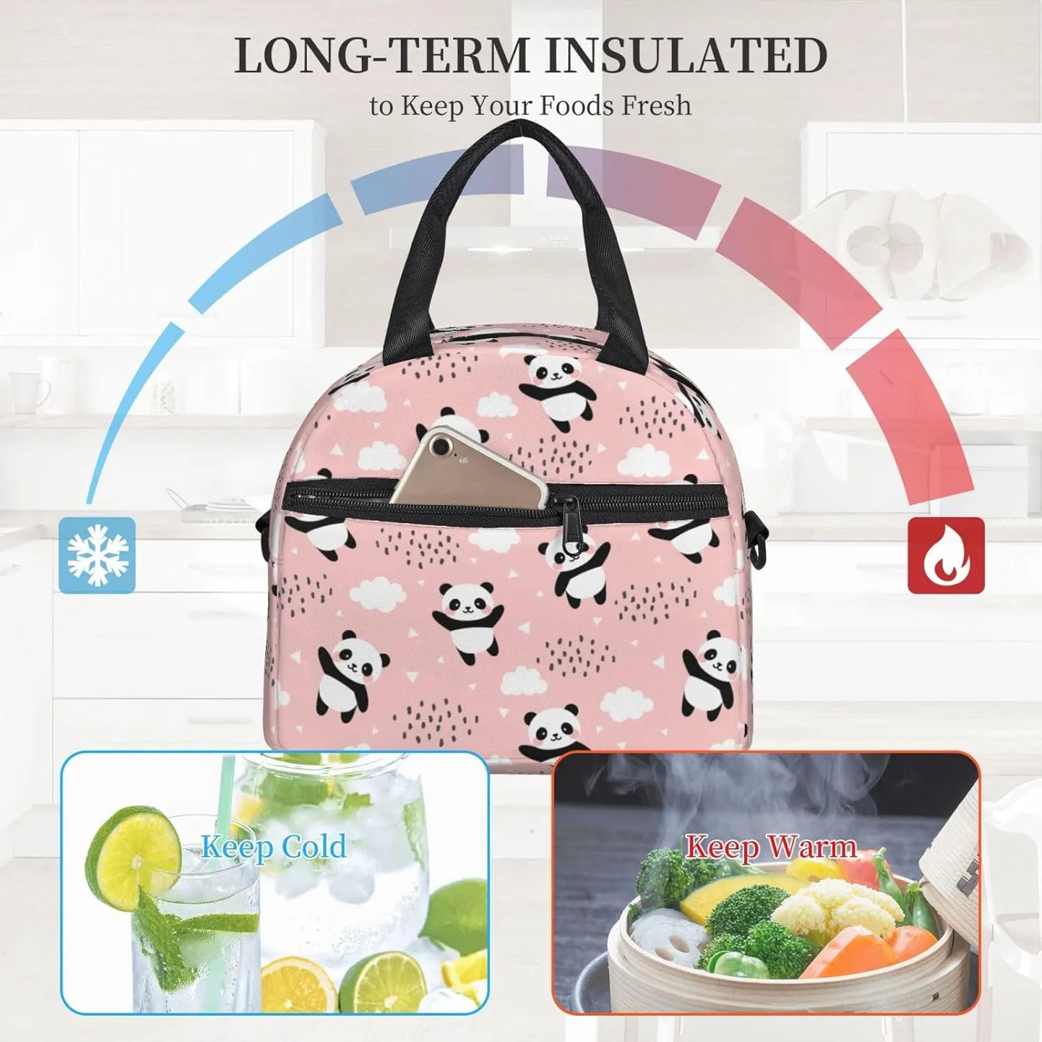 Cute Pandas Lunch Bag Reusable Insulated Lunch Tote Bag Lunchbox Container With Adjustable Shoulder Strap For Office Work Picnic Travel