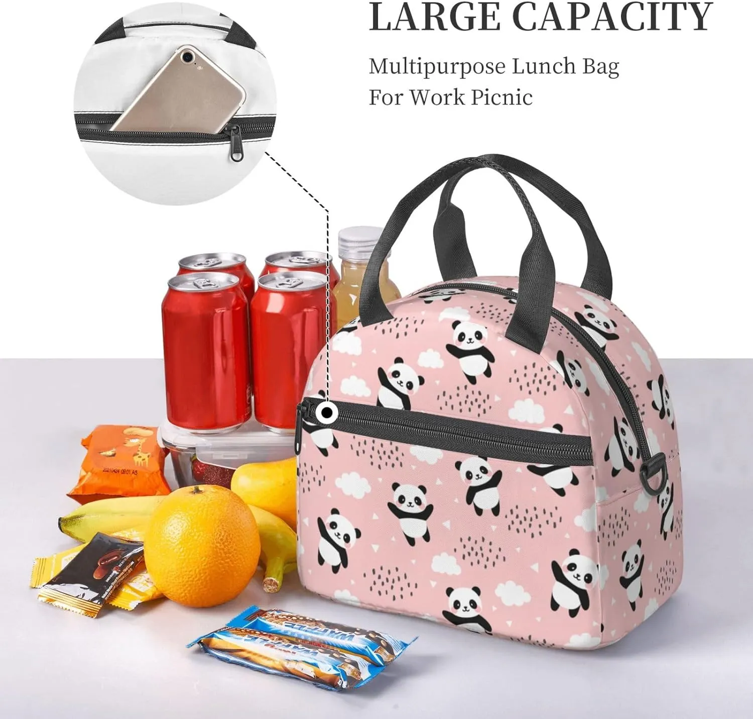 Cute Pandas Lunch Bag Reusable Insulated Lunch Tote Bag Lunchbox Container With Adjustable Shoulder Strap For Office Work Picnic Travel