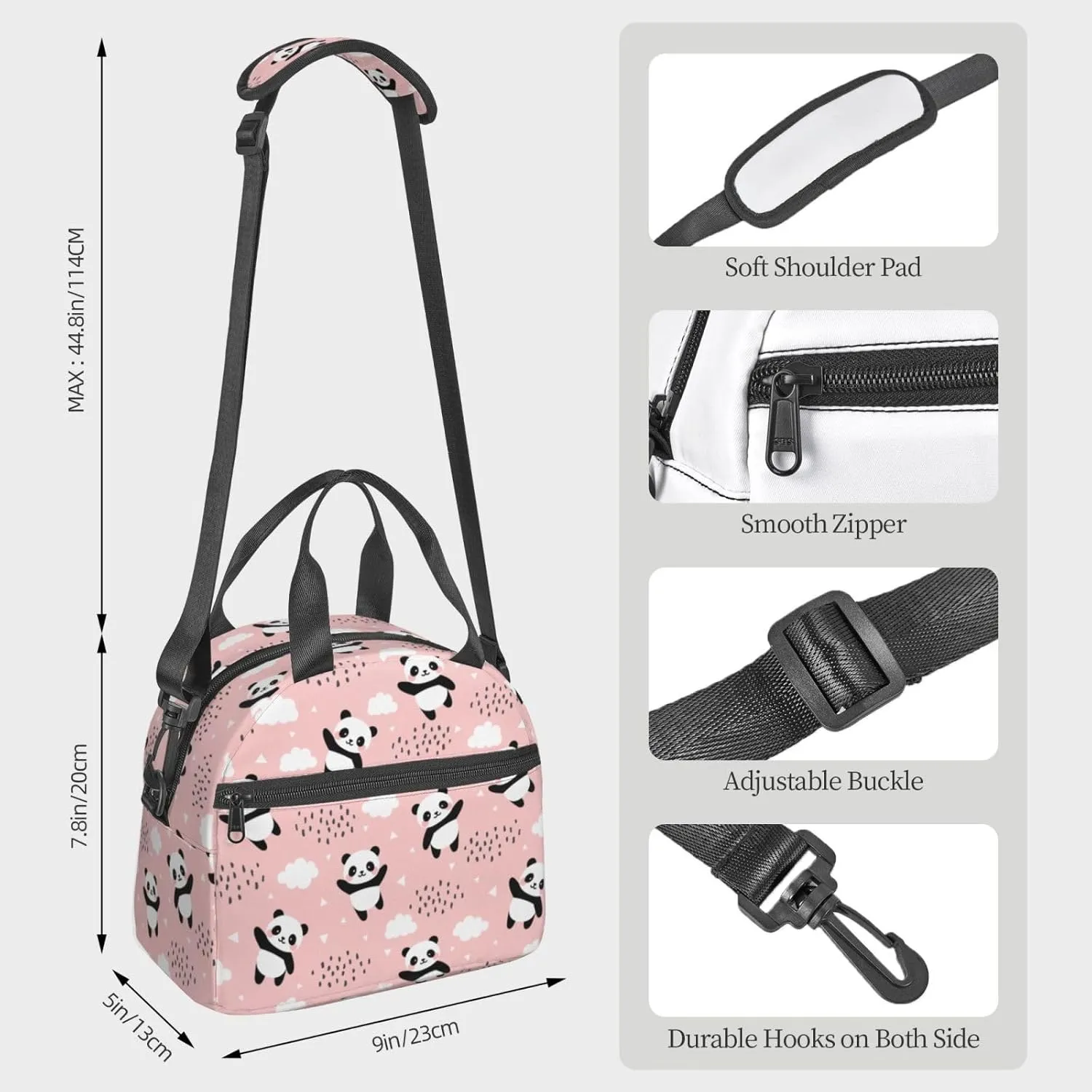 Cute Pandas Lunch Bag Reusable Insulated Lunch Tote Bag Lunchbox Container With Adjustable Shoulder Strap For Office Work Picnic Travel