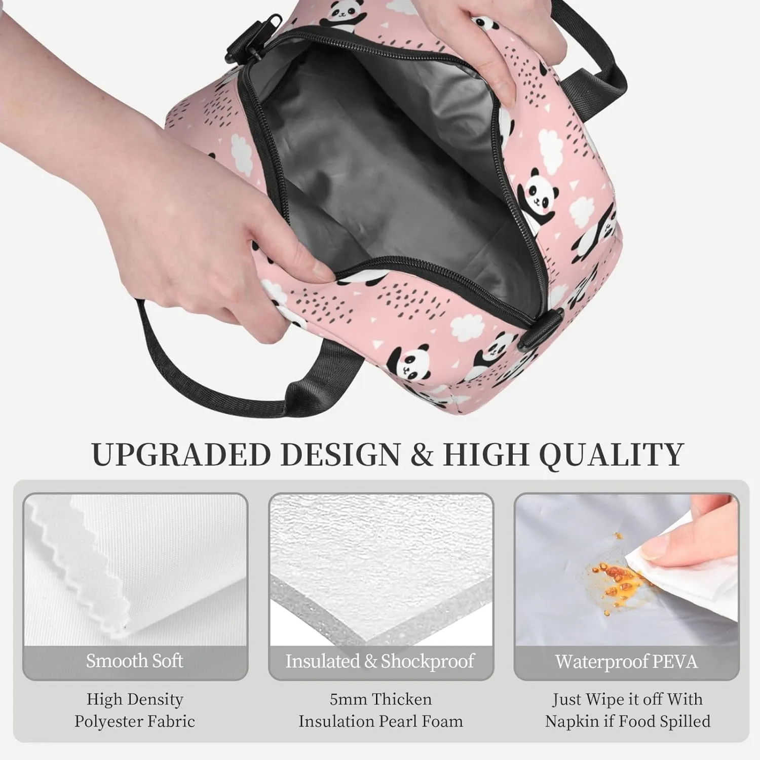 Cute Pandas Lunch Bag Reusable Insulated Lunch Tote Bag Lunchbox Container With Adjustable Shoulder Strap For Office Work Picnic Travel