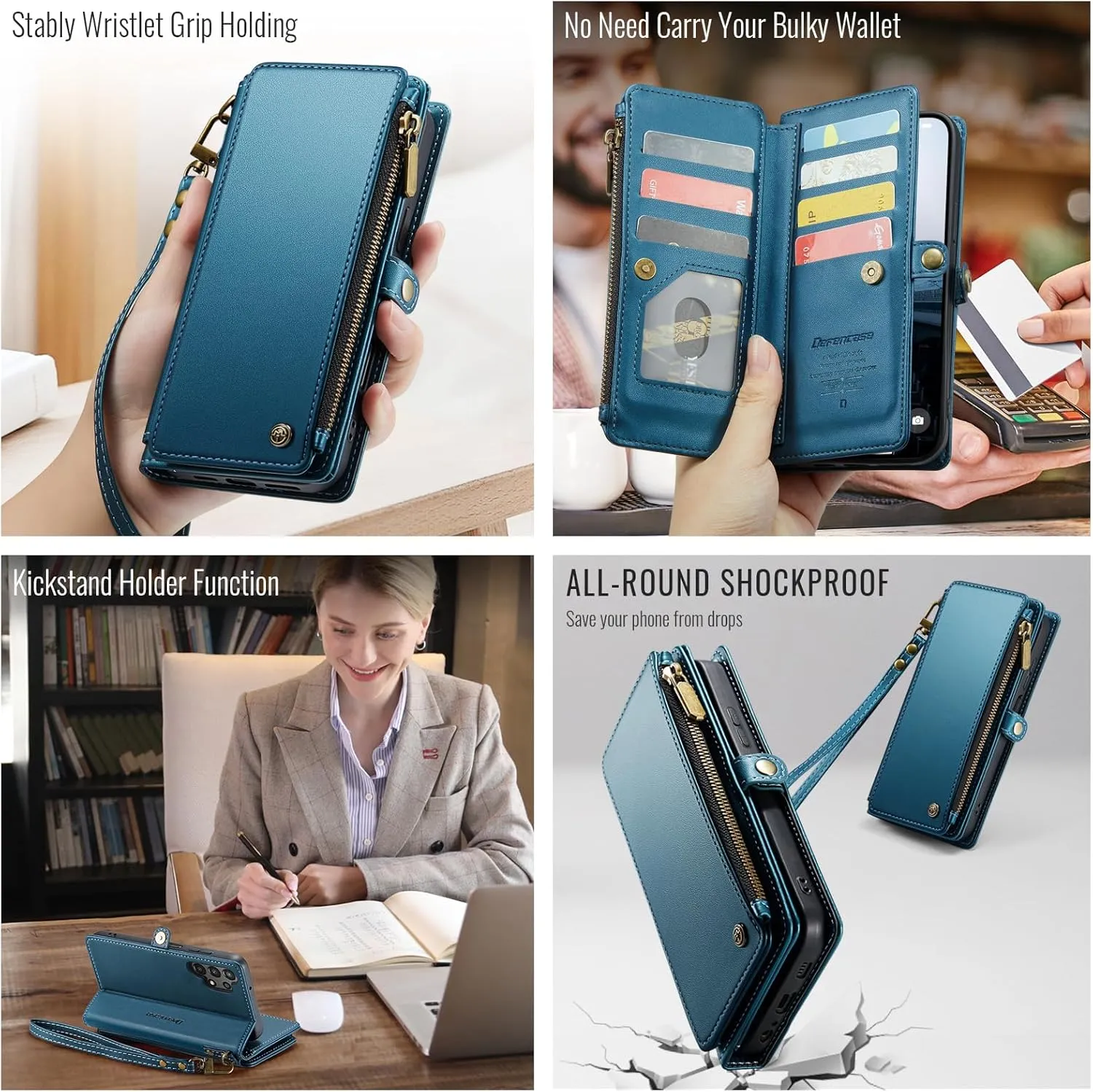 Defencase Compatible with Galaxy A32 5G Case Wallet with RFID Blocking Card Holder for Women Men, PU Leather Magnetic Snap Flip Zipper Strap Wallet Phone Case Fit for Samsung Galaxy A32 5G, Dark Blue