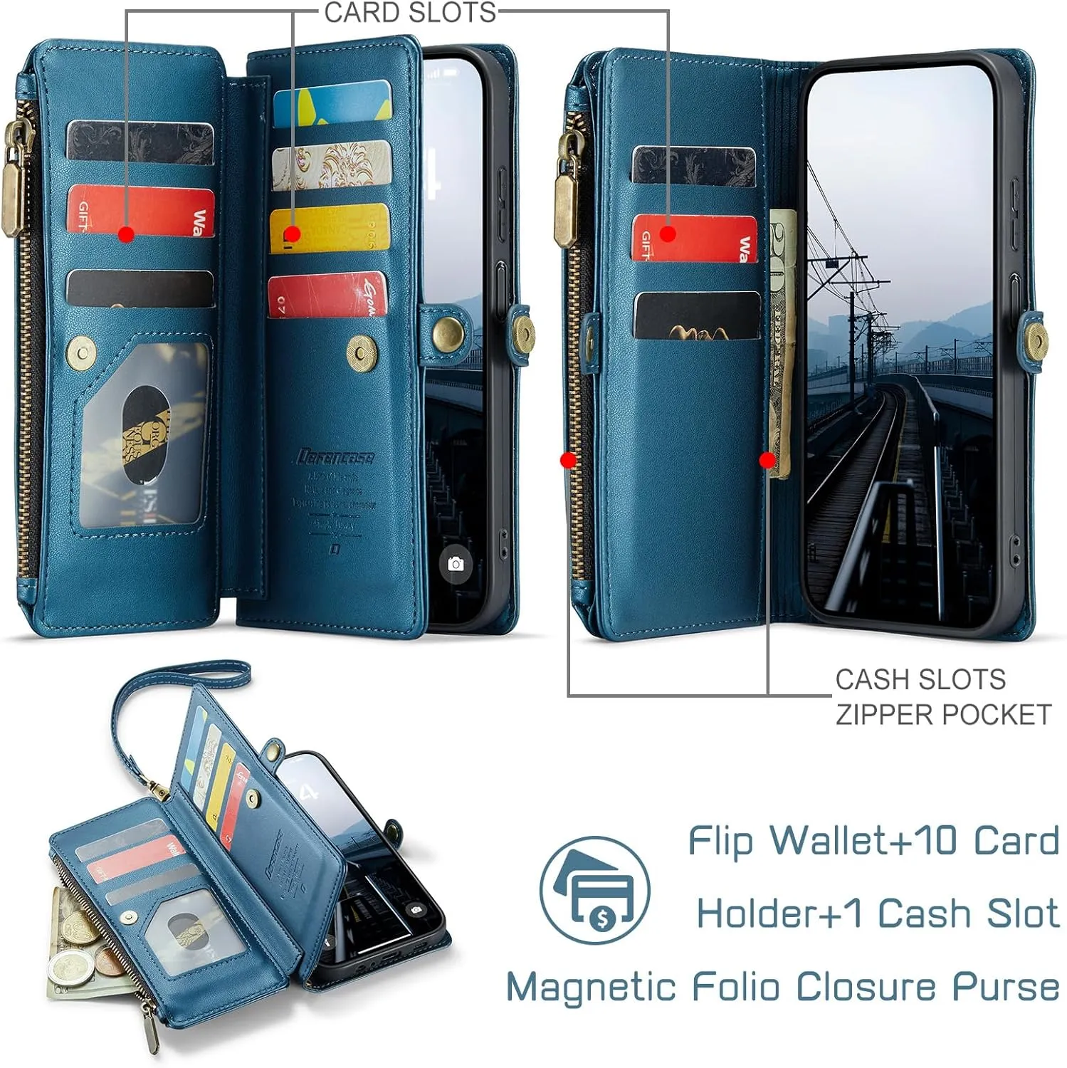 Defencase Compatible with Galaxy A32 5G Case Wallet with RFID Blocking Card Holder for Women Men, PU Leather Magnetic Snap Flip Zipper Strap Wallet Phone Case Fit for Samsung Galaxy A32 5G, Dark Blue
