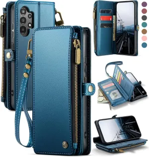 Defencase Compatible with Galaxy A32 5G Case Wallet with RFID Blocking Card Holder for Women Men, PU Leather Magnetic Snap Flip Zipper Strap Wallet Phone Case Fit for Samsung Galaxy A32 5G, Dark Blue