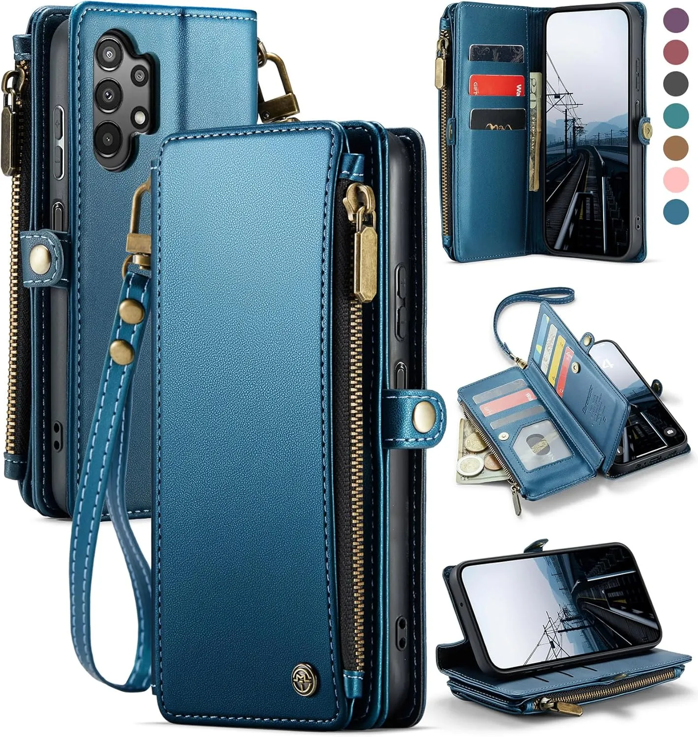 Defencase Compatible with Galaxy A32 5G Case Wallet with RFID Blocking Card Holder for Women Men, PU Leather Magnetic Snap Flip Zipper Strap Wallet Phone Case Fit for Samsung Galaxy A32 5G, Dark Blue
