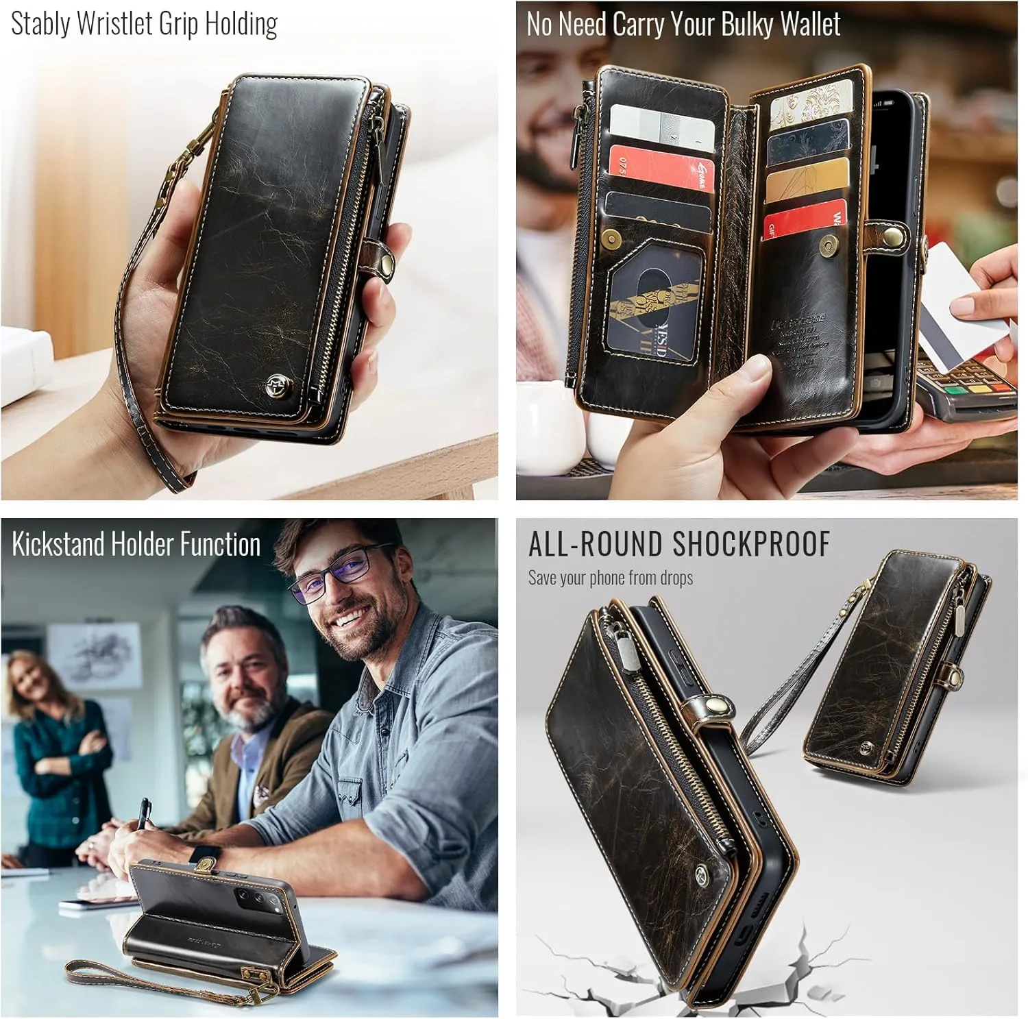 Defencase Compatible with Samsung Galaxy S20 FE 5G Case Wallet with RFID Blocking Card Holder for Women Men, PU Leather Magnetic Snap Flip Zipper Strap Wallet Phone Case Fit for Galaxy S20 FE, Coffee