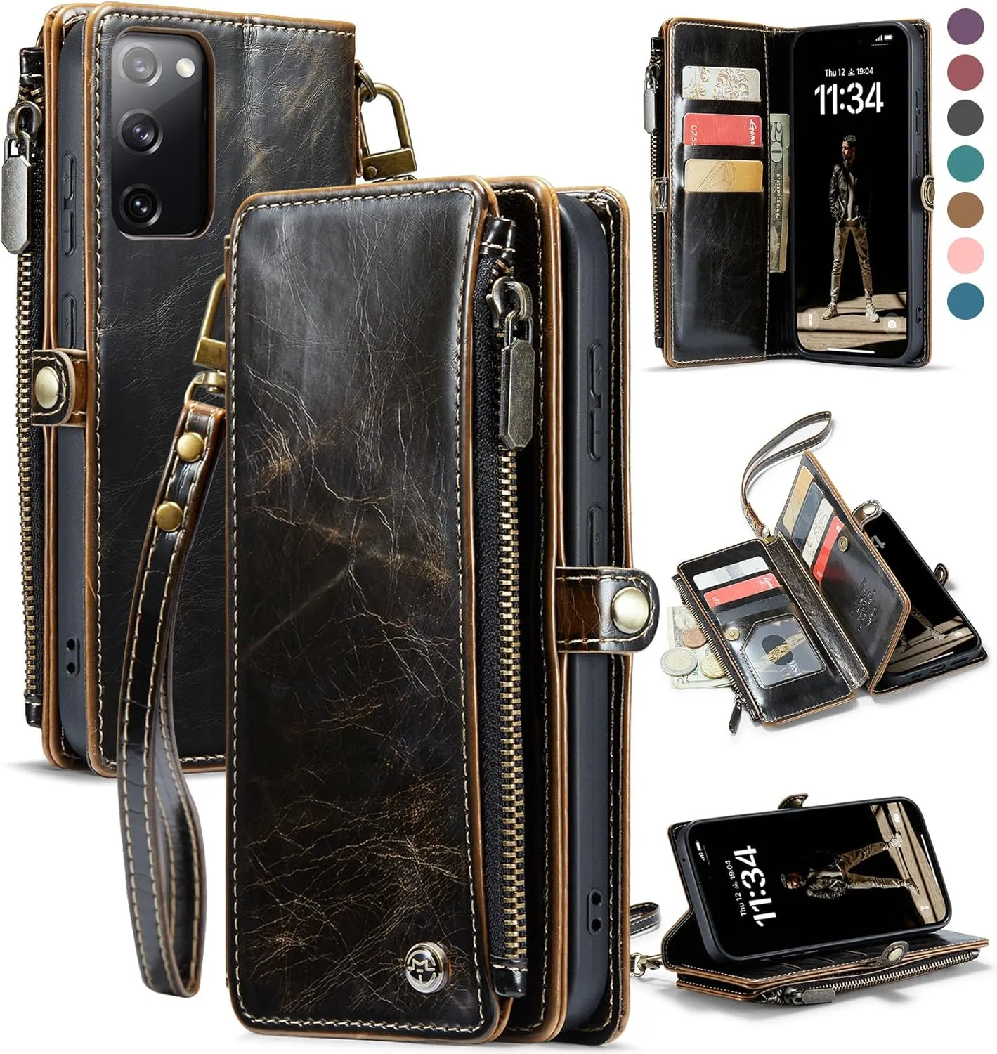 Defencase Compatible with Samsung Galaxy S20 FE 5G Case Wallet with RFID Blocking Card Holder for Women Men, PU Leather Magnetic Snap Flip Zipper Strap Wallet Phone Case Fit for Galaxy S20 FE, Coffee