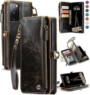 Defencase Compatible with Samsung Galaxy S20 FE 5G Case Wallet with RFID Blocking Card Holder for Women Men, PU Leather Magnetic Snap Flip Zipper Strap Wallet Phone Case Fit for Galaxy S20 FE, Coffee