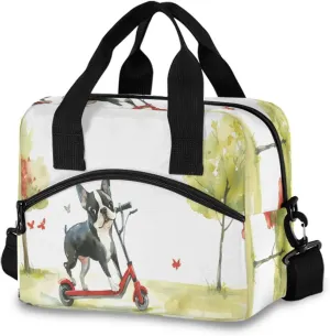 Delightful and Heartwarming Watercolor Illustration Cute Cartoon Boston Terrier Riding A Red Scooter Lunch Box for Men Women Adults Insulated Lunch Bag Cooler Bag with Adjustable Shoulder Strap for Wo
