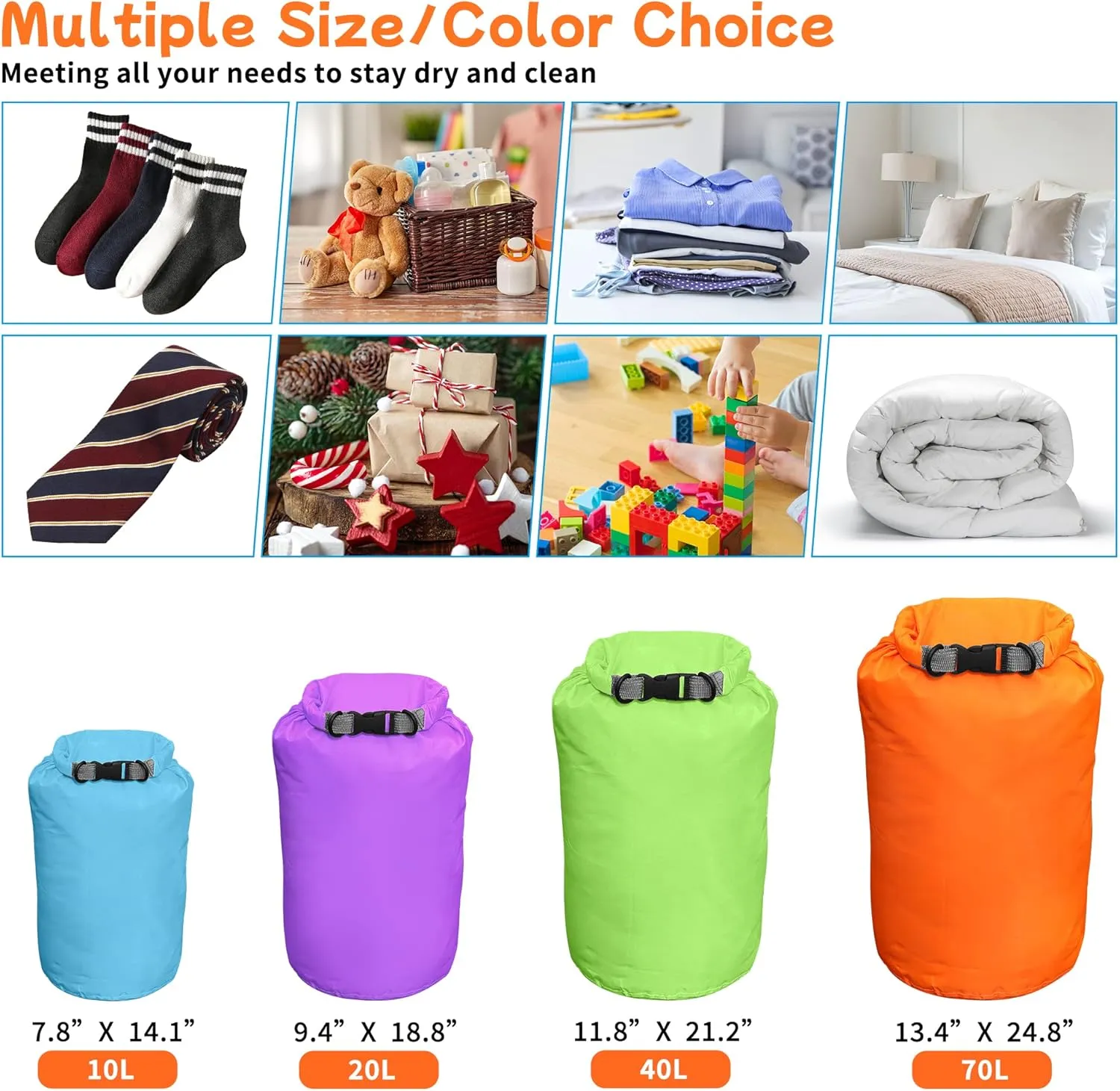 Desoto Waterproof Dry Bag 2 packs, 2L/5L/10L/20L/40L/70L Dry Sack Lightweight Portable, Dry Storage Bag to Keep Gear Dry Clean for Kayaking, Gym, Hiking, Swimming, Camping (Orange, 20L)