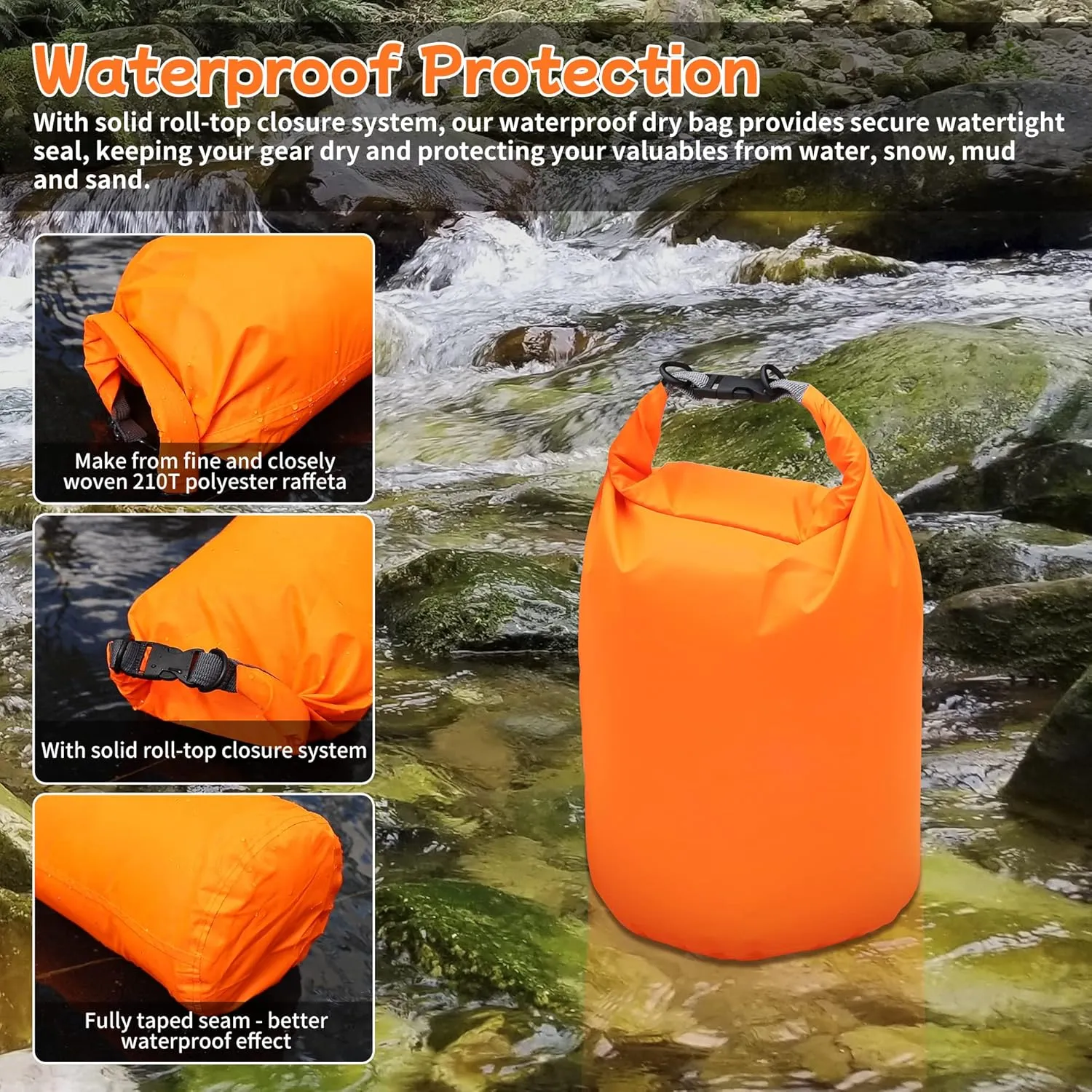 Desoto Waterproof Dry Bag 2 packs, 2L/5L/10L/20L/40L/70L Dry Sack Lightweight Portable, Dry Storage Bag to Keep Gear Dry Clean for Kayaking, Gym, Hiking, Swimming, Camping (Orange, 20L)