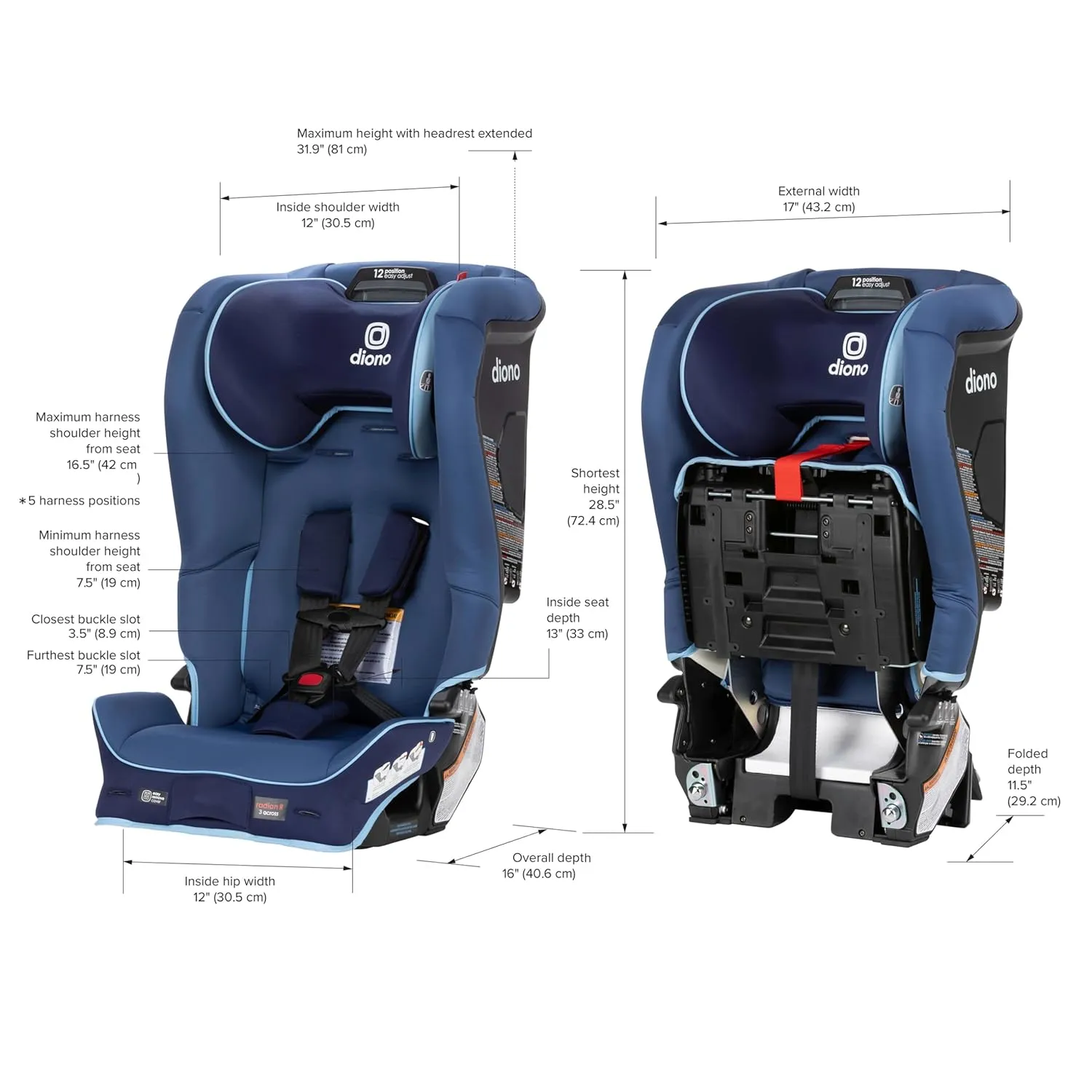 Diono Radian 3R SafePlus, All-in-One Convertible Car Seat, Rear and Forward Facing, SafePlus Engineering, 10 Years 1 Car Seat, Slim Fit 3 Across, Blue Surge