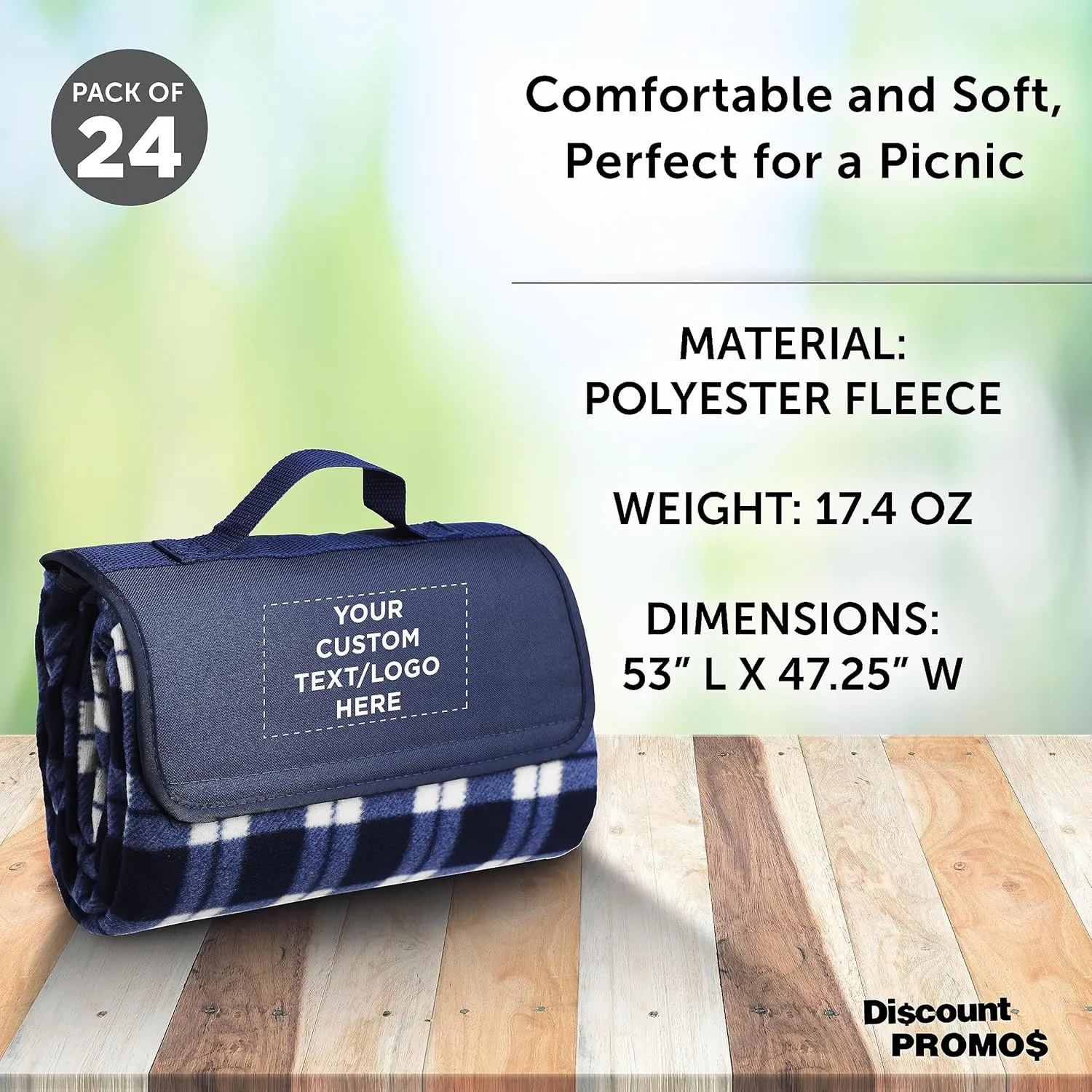 DISCOUNT PROMOS 24 Brookhaven Roll Up Picnic Blankets Set - Customizable Text, Logo - Fleece, Woven Handle - Navy Blue