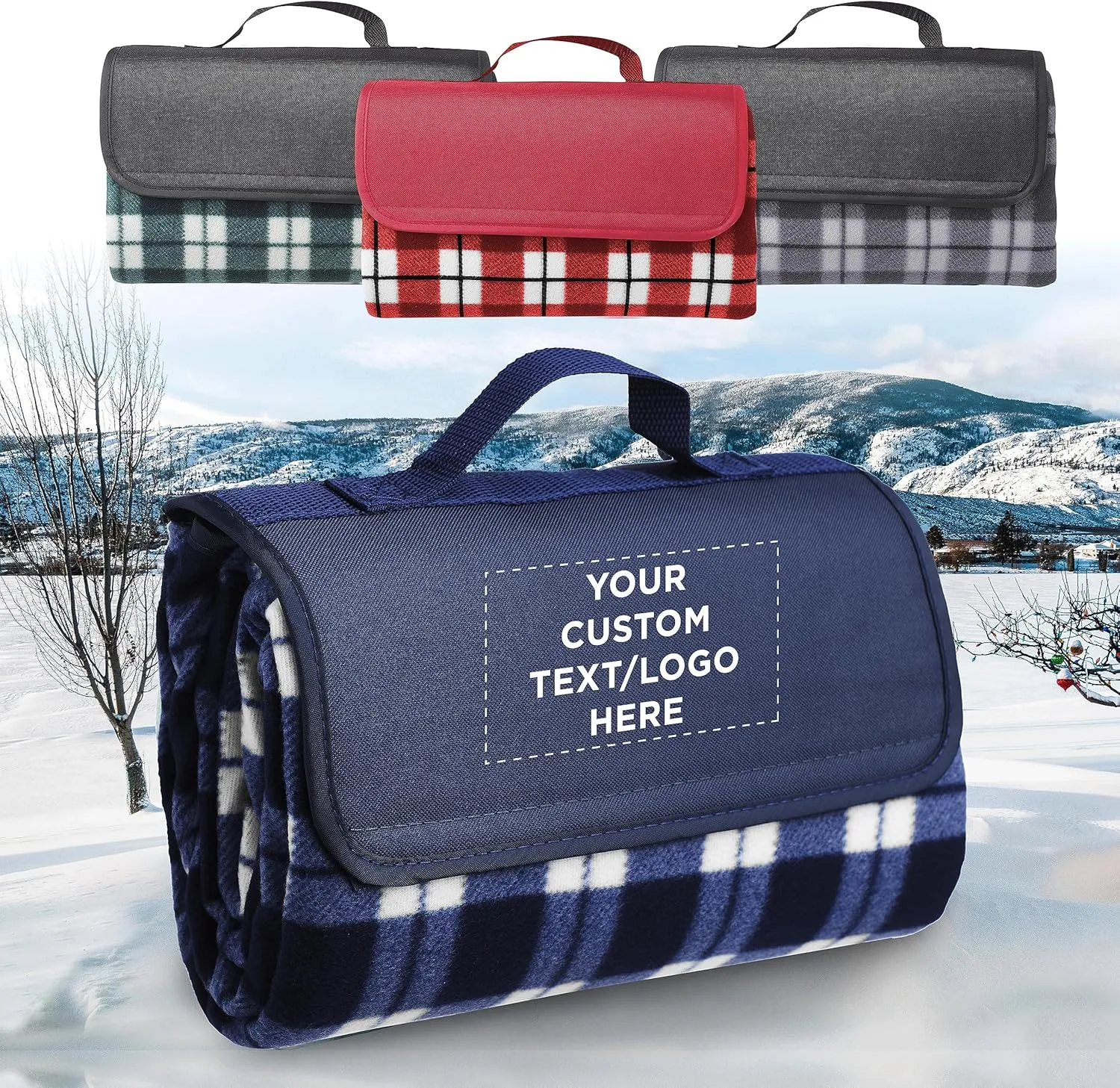 DISCOUNT PROMOS 24 Brookhaven Roll Up Picnic Blankets Set - Customizable Text, Logo - Fleece, Woven Handle - Navy Blue