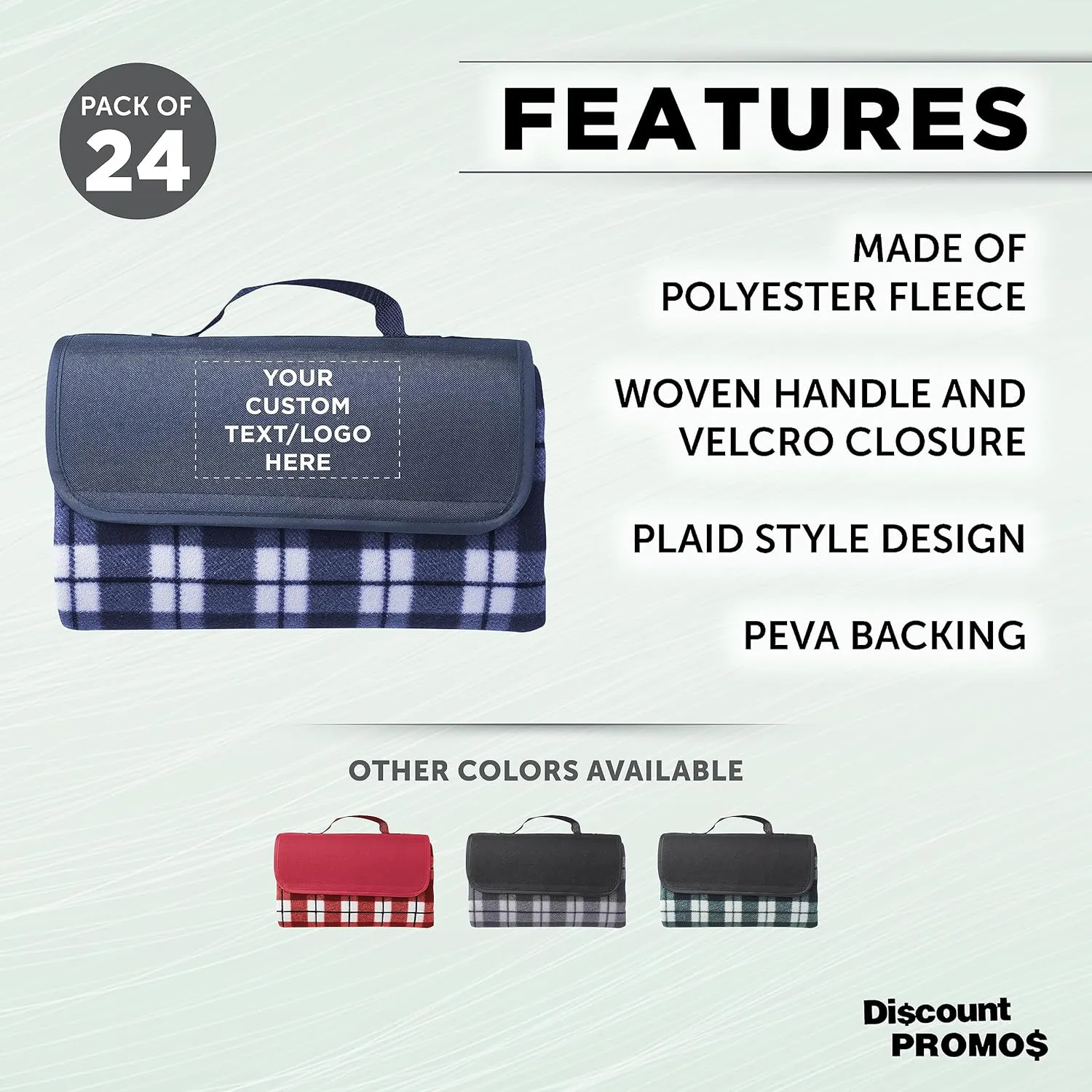 DISCOUNT PROMOS 24 Brookhaven Roll Up Picnic Blankets Set - Customizable Text, Logo - Fleece, Woven Handle - Navy Blue